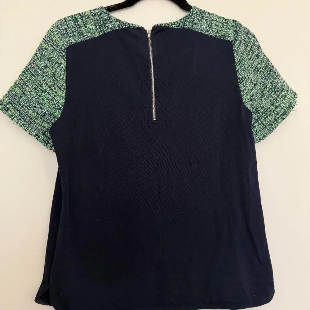 J. Crew Tweed Sleeve Tee Shirt 100% Cotton Preppy Chic Navy Green - Small